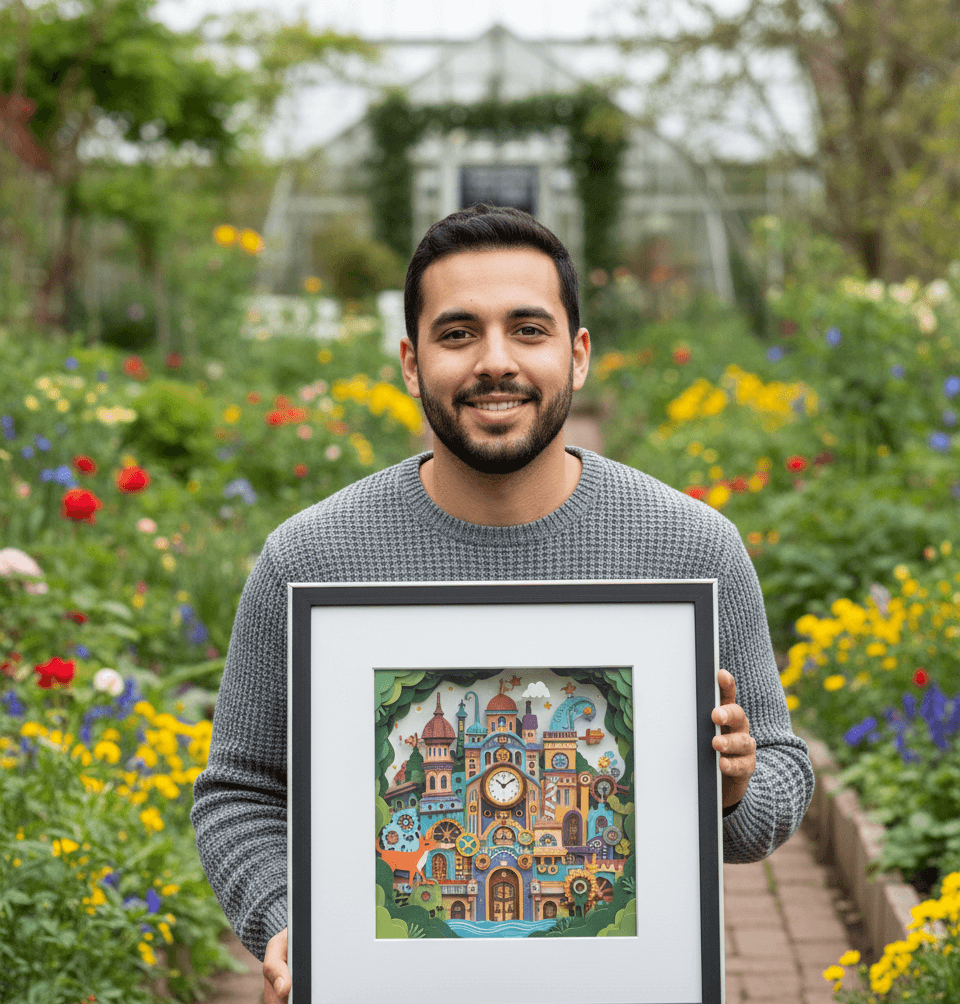 Man in garden holding layered paper cut whimsical cityscape with clock tower in black shadowbox frame