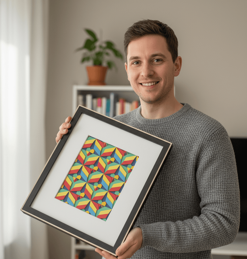 Man displaying colorful geometric tessellation pattern art in black shadowbox frame with white matting