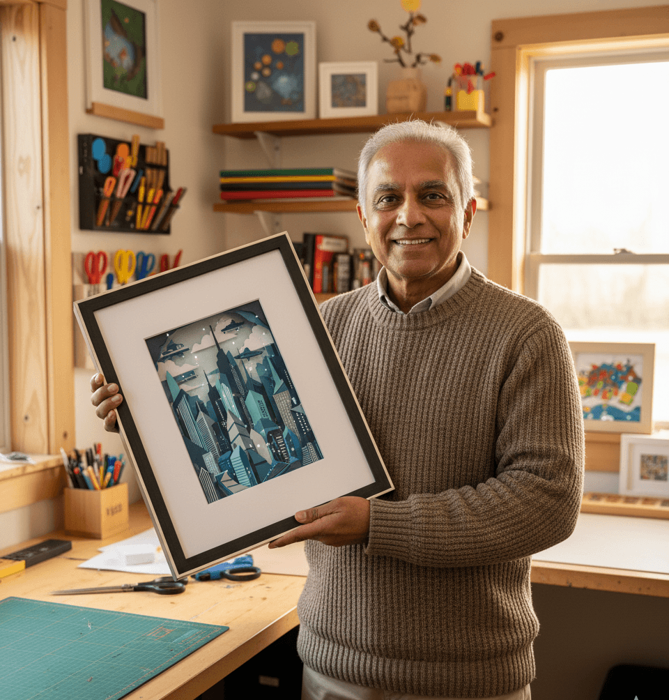 Woman displaying layered paper cut ocean scene art with vibrant colors in black shadowbox frame