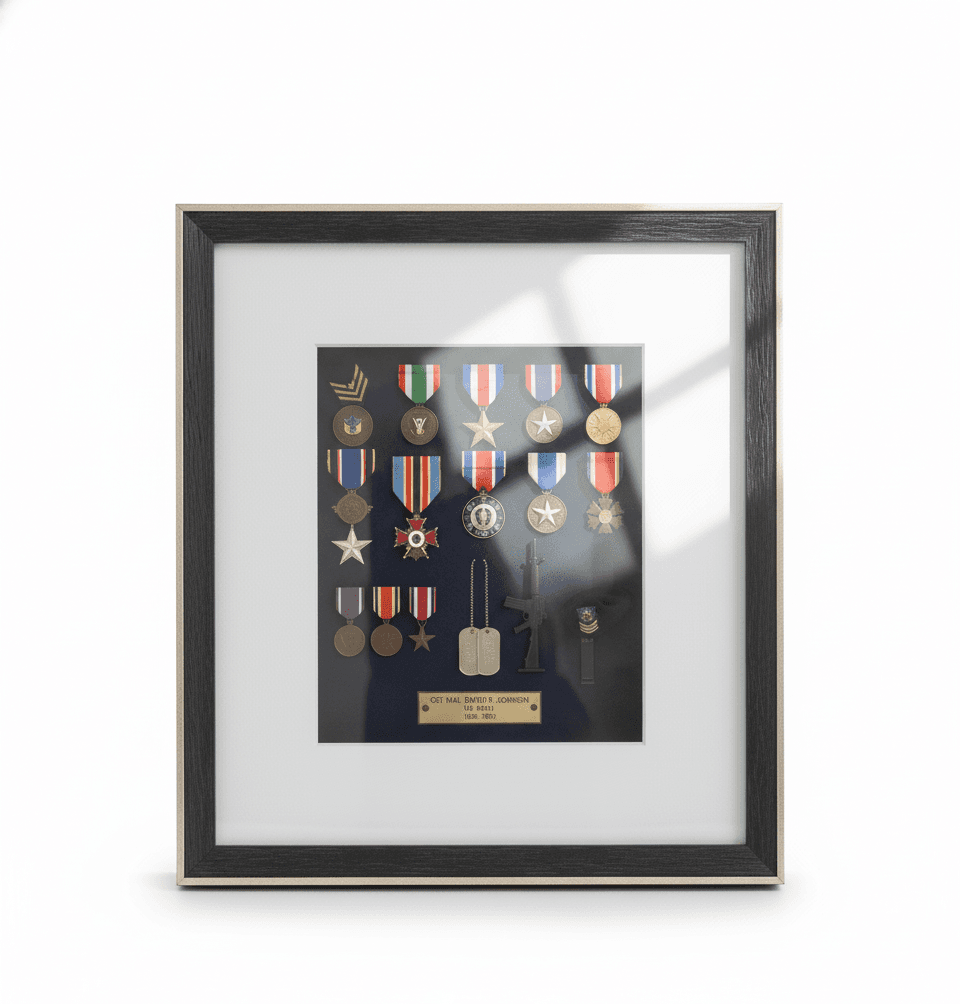Woman holding vintage military medal collection shadowbox with stars and ribbons in black frame