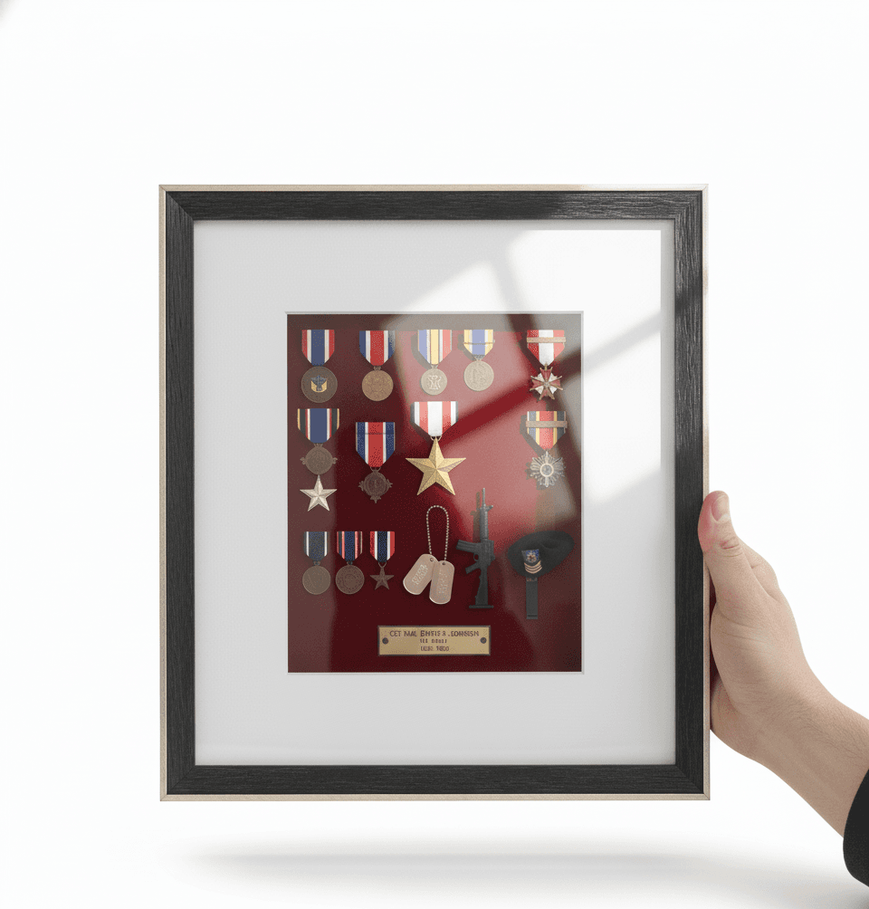 Hand holding military medal shadowbox with burgundy background displaying service decorations in black frame