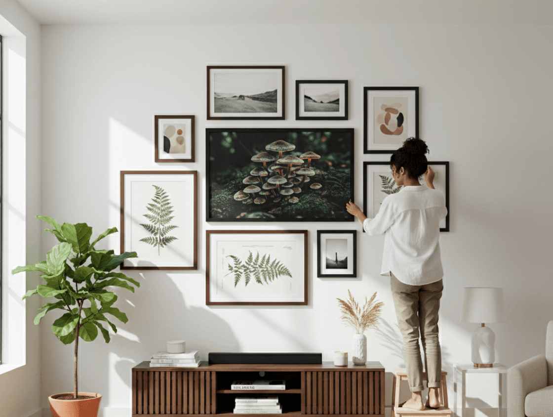 Close-up of person holding small Wide Black frame displaying beach photograph seated on neutral sofa demonstrating elegant black finish for personal memories