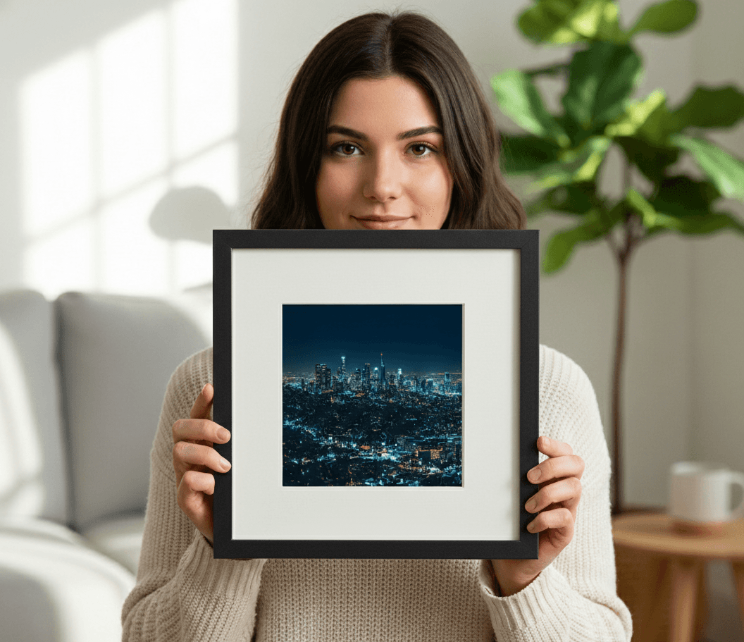 Wide Black picture frame held by person showing cityscape photograph with white mat demonstrating personal custom framing presentation
