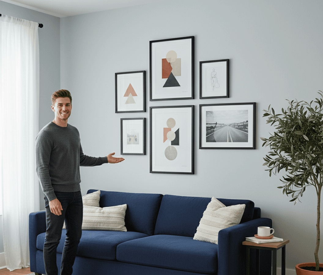 Wide Black frames in curated gallery wall displaying geometric prints and landscape photography in modern interior with navy sofa demonstrating multiple frame size combinations