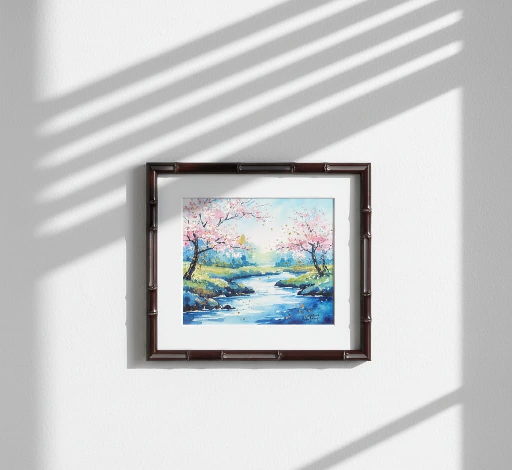 Brown Bamboo picture frame with white mat displaying serene watercolor painting of cherry blossom trees reflecting in peaceful blue stream mounted on textured white wall in dramatic diagonal sunlight shadow pattern showcasing natural bamboo texture perfect for Asian-inspired tranquil landscape artwork