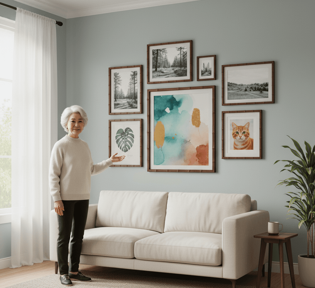 Brown Bamboo custom frames creating elegant gallery wall with nature photography and botanical prints in modern home interior with soft natural lighting