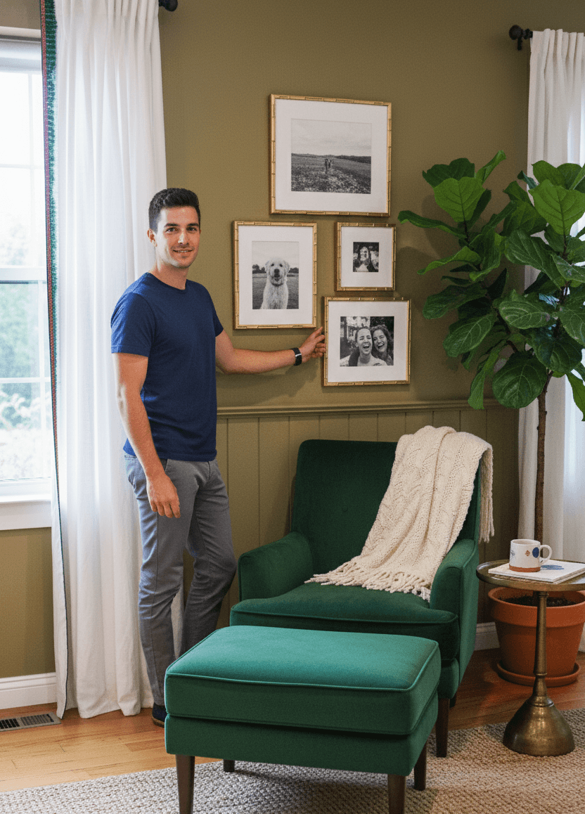 Gold Bamboo picture frames in gallery wall arrangement with black and white family photos demonstrating coordinated metallic framing for personal collections