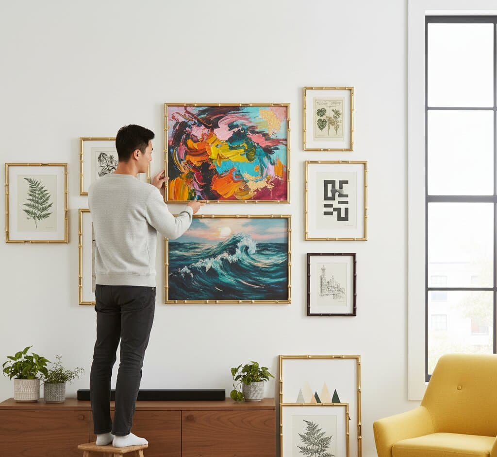 Man in gray t-shirt holds large Gold Bamboo picture frame displaying spectacular alcohol ink abstract art in rich jewel tones featuring magenta, violet, orange, golden yellow, turquoise, and emerald with shimmering gold metallic accents in bright minimalist living room with beige sofa and navy pillows demonstrating custom framing for contemporary fluid art with coordinating luxurious gold bamboo frame