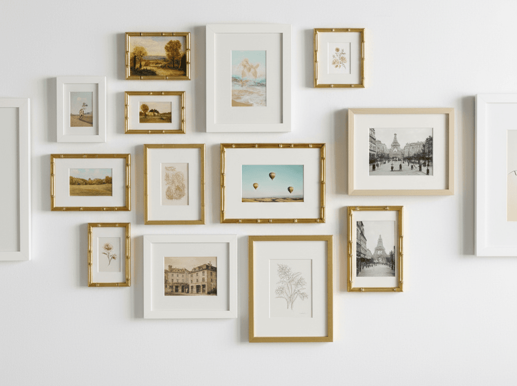 Mixed gallery wall featuring Gold Bamboo frames alongside white wood frames displaying vintage photography and botanical prints in curated arrangement