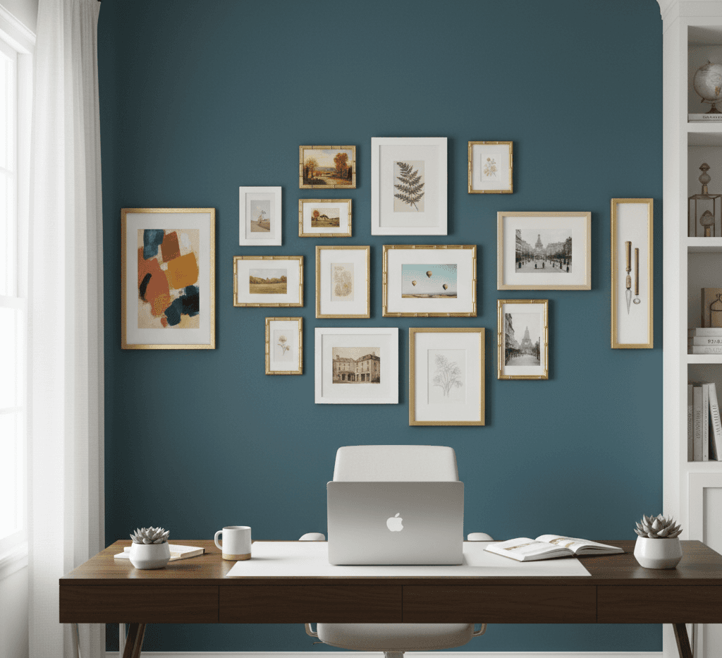 Gold Bamboo picture frames arranged in gallery wall above home office desk featuring art prints and photography in professional workspace setting