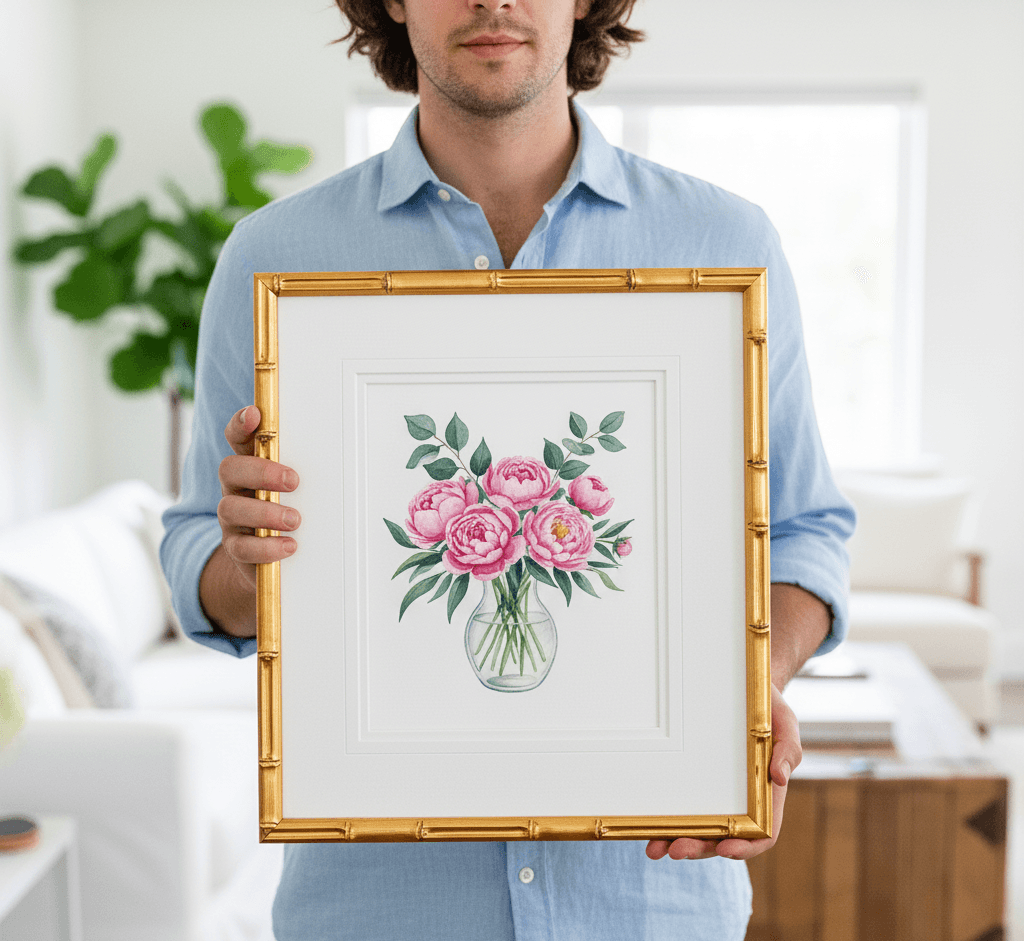 Gold Bamboo custom frame with double mat showcasing watercolor floral art demonstrating elegant presentation for botanical illustrations and formal artwork