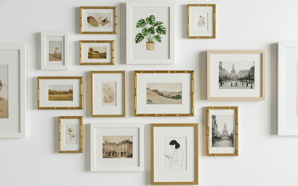 Gallery wall featuring Gold Bamboo frames mixed with white and natural wood frames displaying landscape paintings and vintage photography in sophisticated arrangement