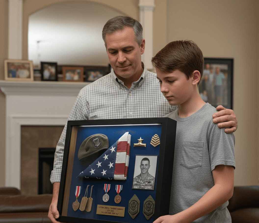 Father and son displaying black deep shadowbox frame containing military memorial tribute with folded American flag service photo Bronze Star medals dog tags and rank insignia on navy backing demonstrating professional shadow box frame for veteran memorabilia military service displays retired soldier keepsakes fallen hero tributes and patriotic family heirlooms with dignified presentation