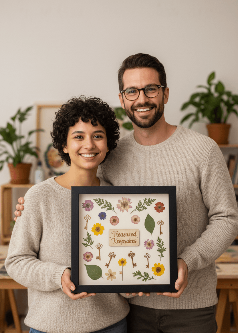 Couple holding black shadowbox picture frame with pressed flowers arranged around Treasured Keepsakes wooden sign featuring colorful preserved garden blooms vintage brass keys and natural botanicals demonstrating custom shadow box for pressed flower art botanical preservation nature keepsakes garden memory frames and sentimental dried flower displays