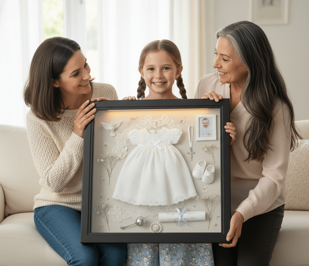 Three generations of women holding large black shadowbox frame containing preserved white christening gown with lace baby shoes baptism photo cross necklace and dried flowers on cream backing demonstrating family heirloom shadow box for baptism keepsakes christening memories religious milestones baby's first outfit and generational treasure preservation