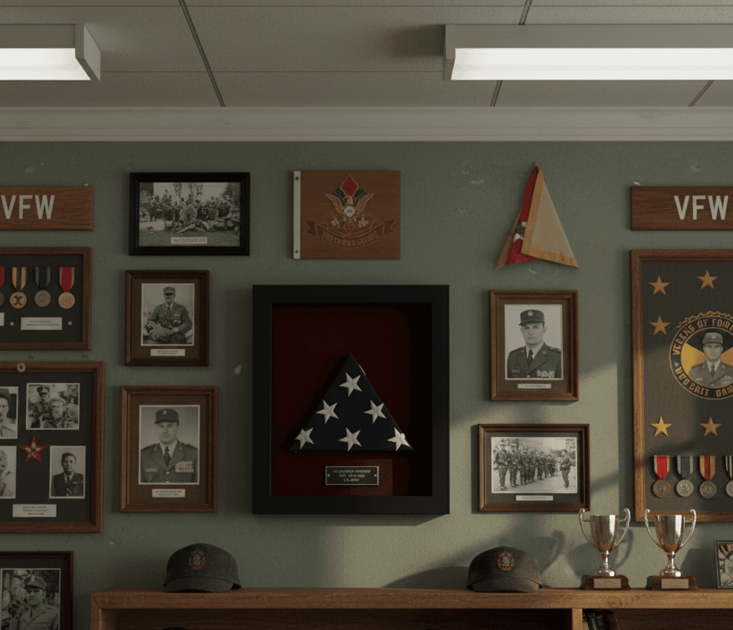 VFW veteran memorial hall featuring wall-mounted black shadowbox frame with ceremonial folded American flag brass plaque surrounded by military service photographs unit patches and historical memorabilia demonstrating professional shadow box for VFW displays veteran hall tributes military memorial walls patriotic installations and commemorative picture frames for fallen heroes