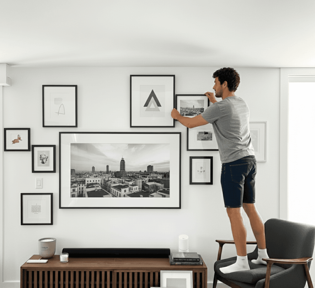 Man arranging Black Wood frames in modern gallery wall with black and white cityscape photography and geometric abstract prints demonstrating minimalist styling