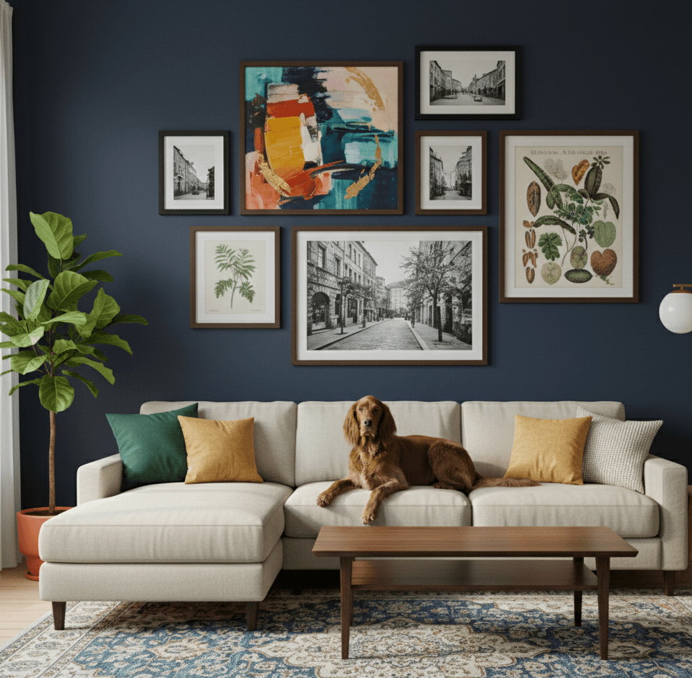 Woman in pink dress admiring modern gallery wall of Black Wood frames displaying family photos greenery prints and panoramic beach sunset on dark blue walls above beige sofa with dog