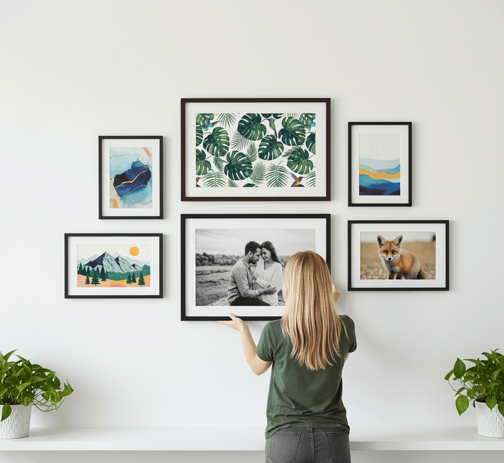 Woman arranging Black Wood frames in modern gallery wall featuring family portrait botanical monstera leaf print abstract watercolor and fox photography on white minimalist wall