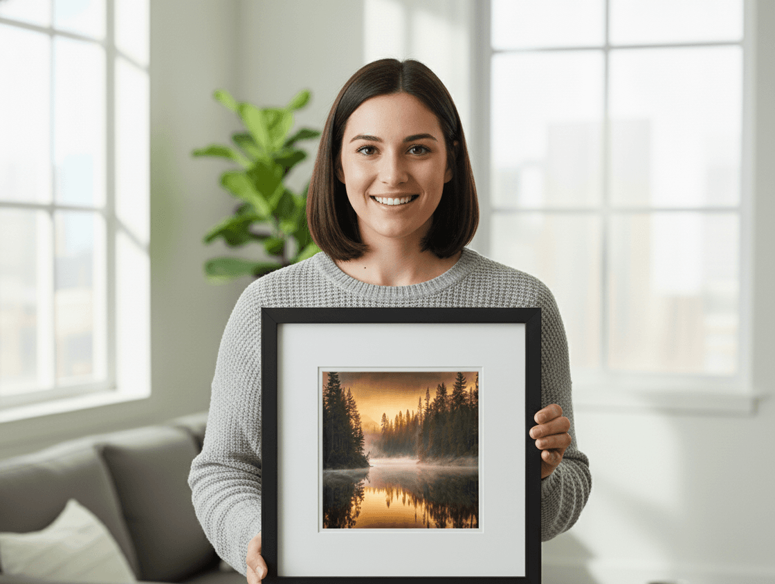 Smiling woman holding Black Wood frame with warm sunrise photograph of forest lake in sunlit living room interior demonstrating elegant black finish for nature photography