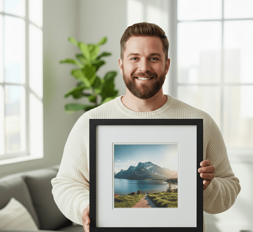 Man with beard holding Black Wood frame displaying mountain lake landscape photograph in bright modern living room showcasing contemporary minimalist styling