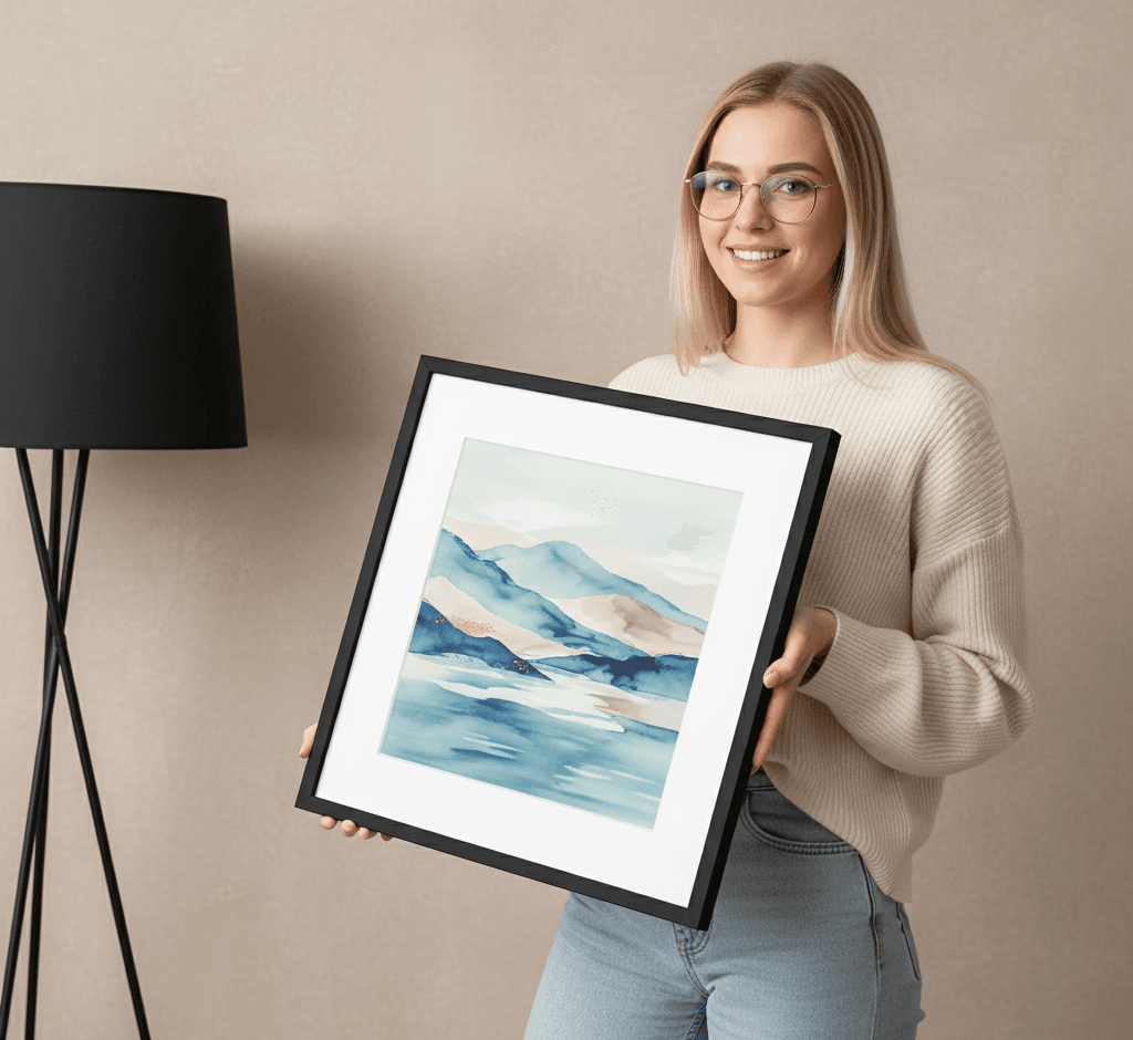 Smiling woman in glasses holding Black Wood frame with watercolor mountain landscape featuring blue tones demonstrating sleek modern black finish for contemporary art