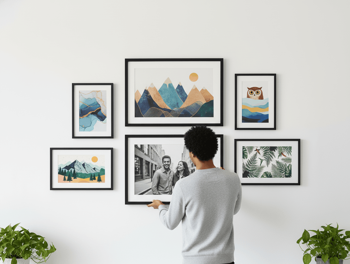 Bearded man in plaid shirt pointing to winter landscape painting of cabin in snow framed in Black Wood hung in cozy room with armchair showcasing traditional artwork styling
