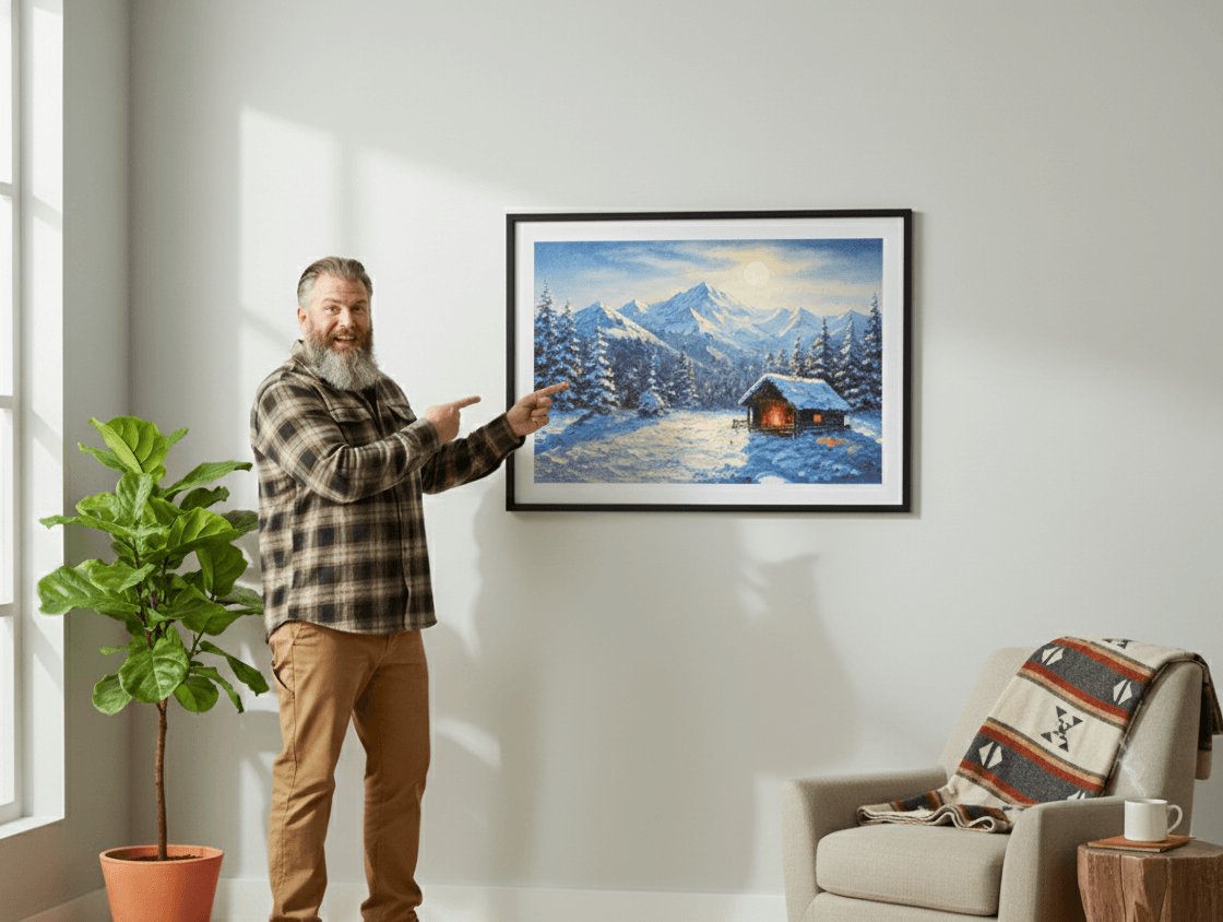Man arranging Black Wood gallery wall featuring modern mountain artwork greenery botanical prints and black-and-white photography on white minimalist wall demonstrating versatile contemporary styling