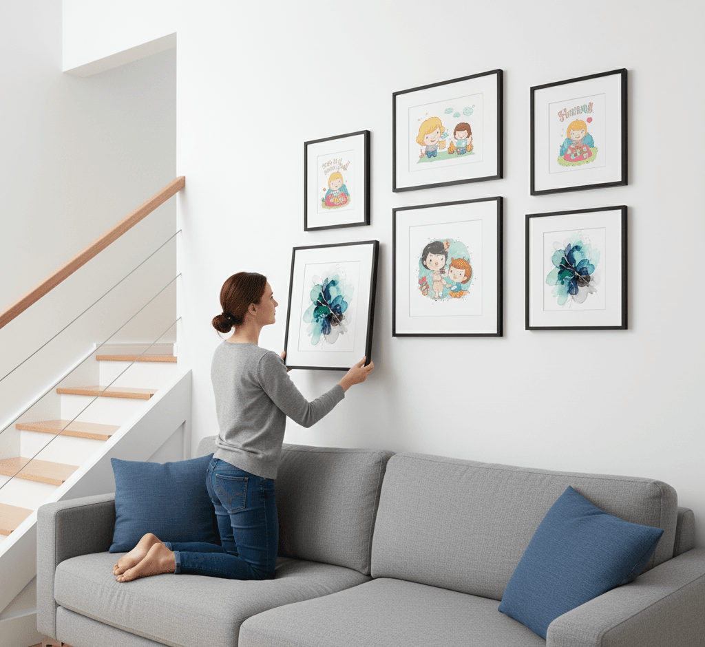 Living room with dark blue walls featuring Black Wood gallery wall displaying abstract botanical and architectural artwork above beige sofa with dog showcasing sophisticated modern interior styling