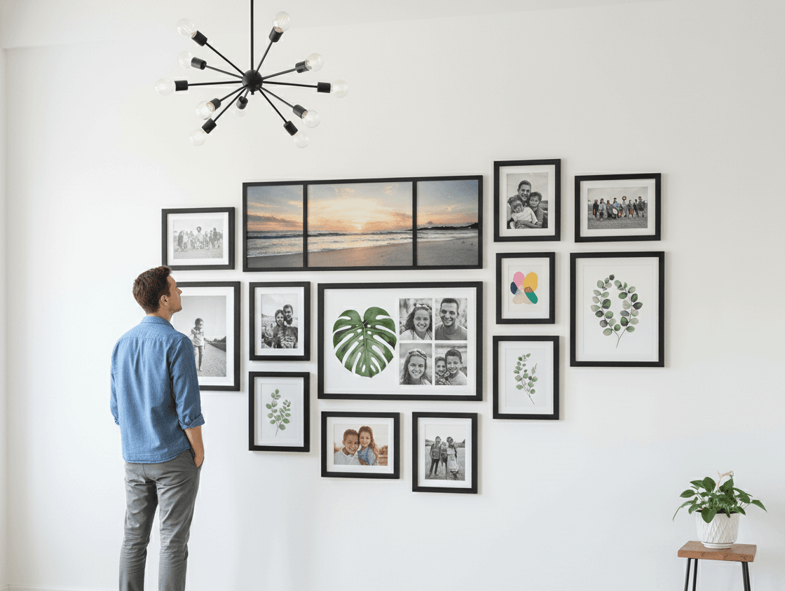 Woman arranging modern wall collage of Black Wood frames featuring botanical mountain and animal artwork in bright minimalist room demonstrating versatile gallery wall styling