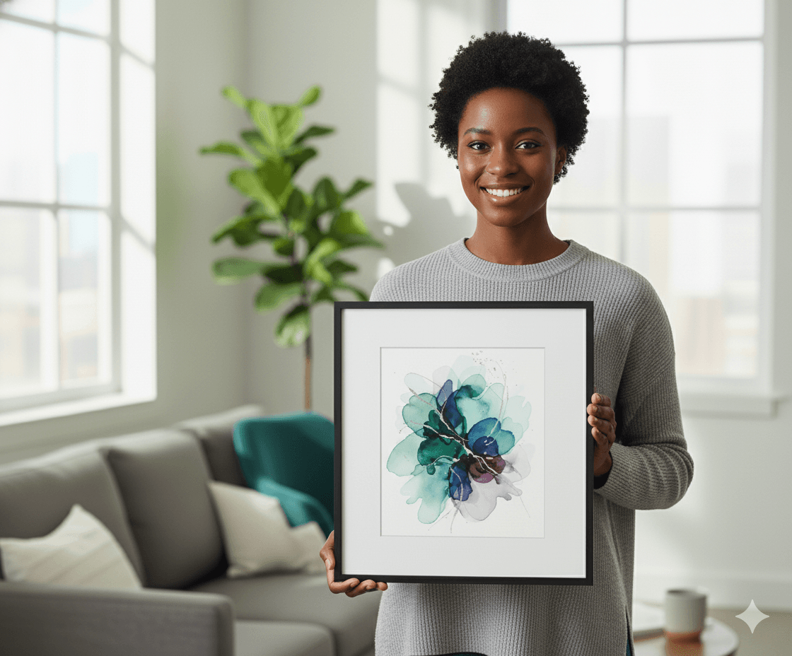 Smiling woman in a gray sweater holds a black picture frame with a modern watercolor abstract artwork in teal, blue, and purple tones, standing in a bright living room with natural light and contemporary décor