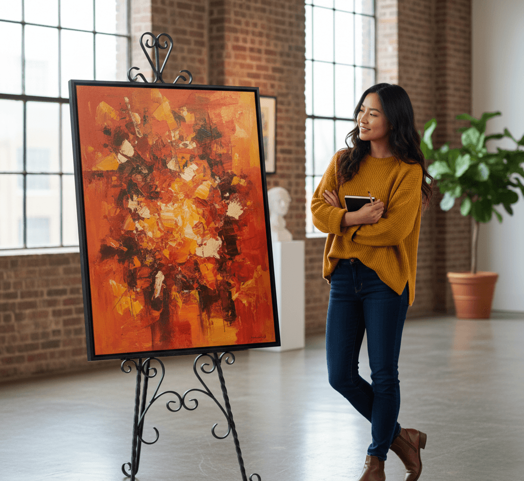 Woman in mustard yellow sweater holding coffee examining large Black Wood custom frame on decorative easel displaying vibrant abstract expressionist painting with fiery orange, red, and golden yellow brushstrokes in industrial loft art studio with exposed brick walls, floor-to-ceiling windows, and potted plants demonstrating bold contemporary framing for warm-toned abstract artwork and modern industrial interior styling