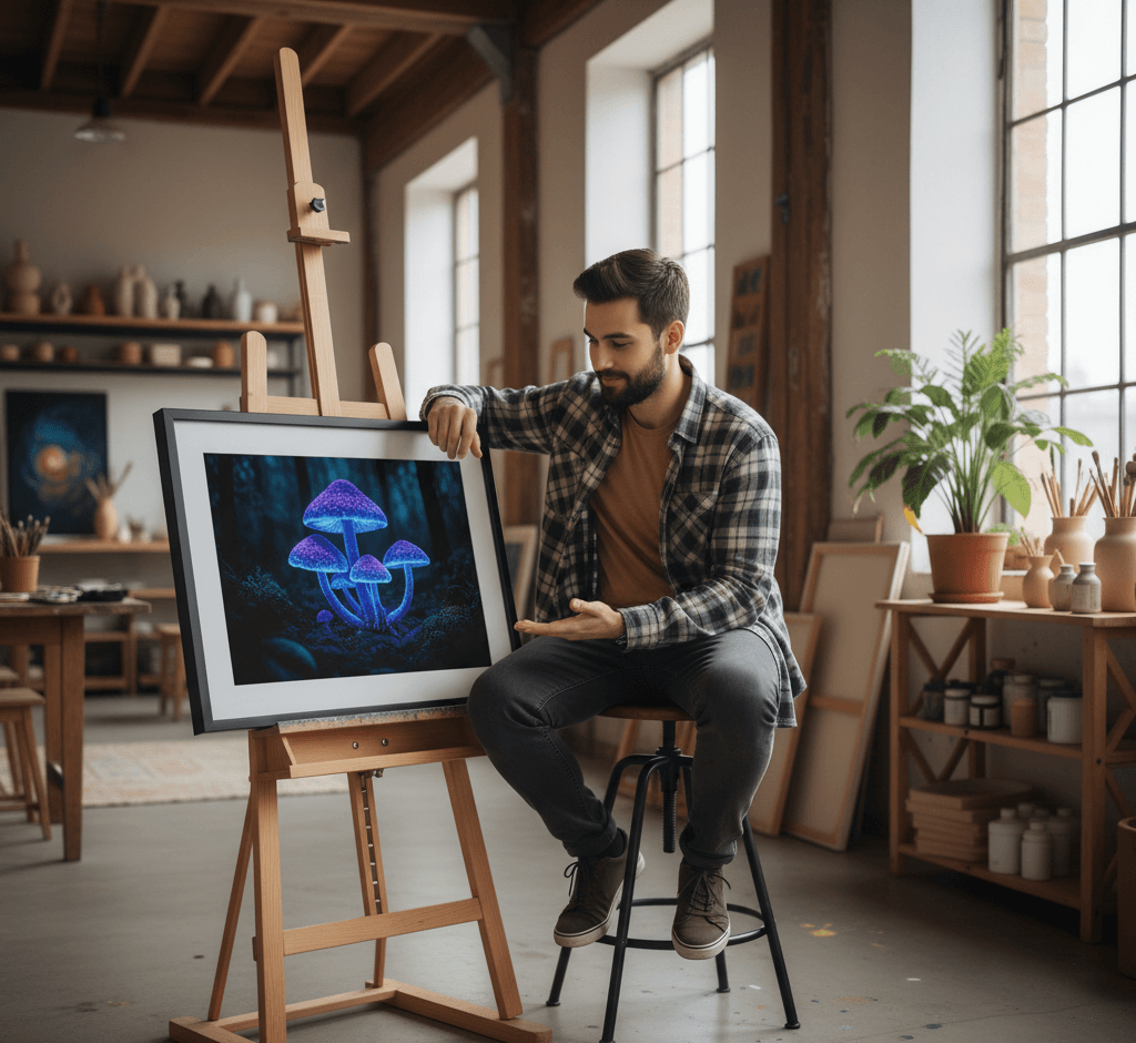 Bearded male artist in plaid flannel shirt examining Black Wood picture frame on wooden easel displaying luminous purple and blue bioluminescent mushroom nature photography in rustic art studio with exposed wood beams, natural window light, art supplies, and potted plants demonstrating sleek black framing for fantasy nature photography and artistic studio environments
