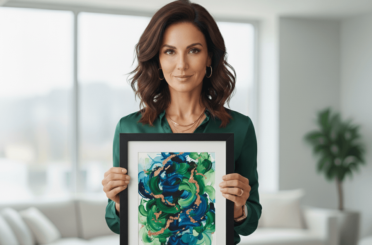 Professional woman in emerald green blouse with gold jewelry holding Black Wood custom frame displaying vibrant emerald, teal, and navy blue abstract swirl painting with gold metallic accents in bright modern high-rise office with floor-to-ceiling windows, city skyline views, and contemporary furnishings demonstrating sophisticated black framing for fluid art and executive professional spaces