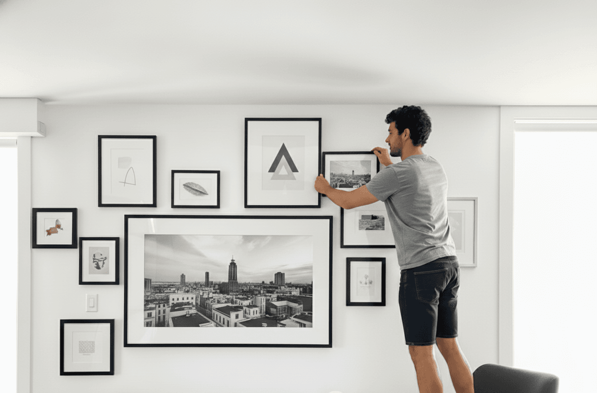 Man in gray t-shirt arranging sophisticated asymmetric gallery wall of Black Wood picture frames featuring large black and white urban cityscape photograph as centerpiece surrounded by minimalist geometric triangle art, feather illustration, continuous line drawings, and small scenic photographs on crisp white wall in bright contemporary living room demonstrating modern monochrome gallery wall styling with sleek black frames