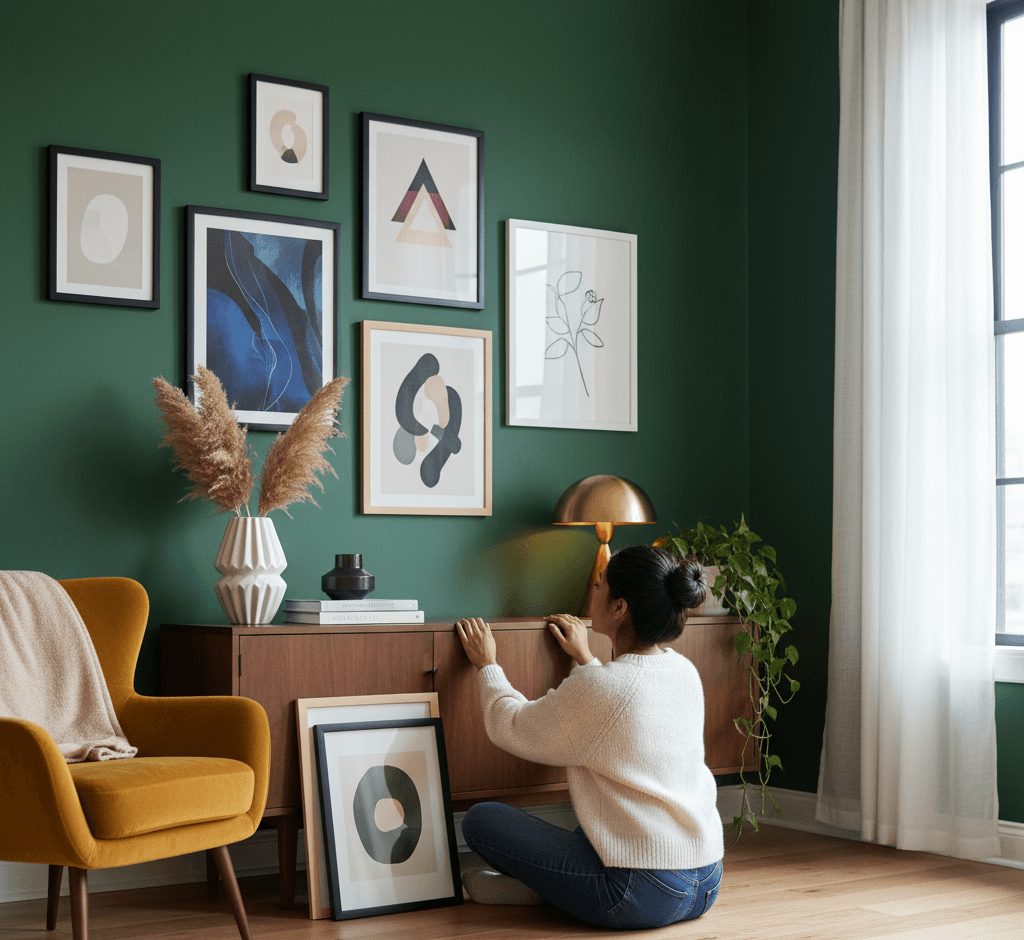 Woman kneeling on floor arranging eclectic gallery wall mixing Black Wood and natural wood frames featuring abstract blue fluid art, minimalist geometric shapes in beige and charcoal, continuous line botanical drawing, and organic abstract forms on dramatic emerald green accent wall above walnut mid-century credenza with gold dome lamp, pampas grass, books, and trailing ivy plant in sophisticated modern living room demonstrating mixed frame styling for contemporary abstract art collections