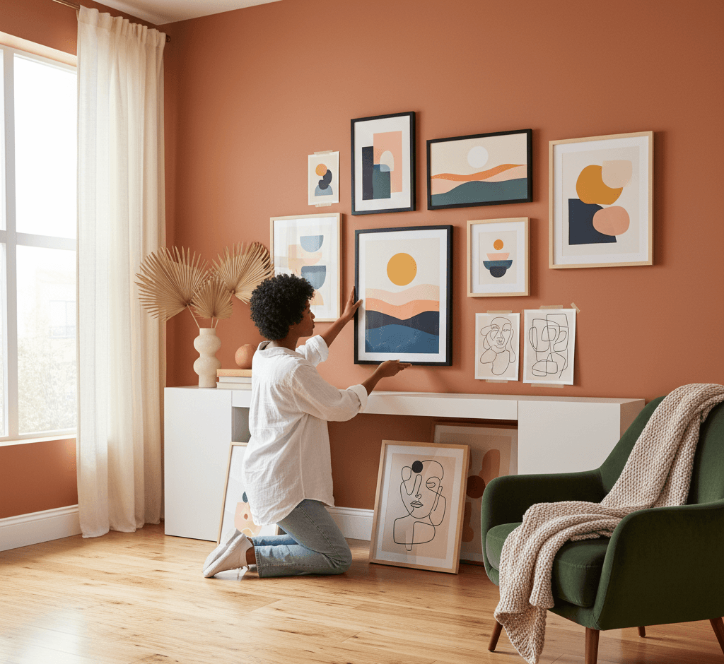Woman kneeling arranging warm-toned gallery wall mixing Black Wood and natural wood frames featuring geometric abstract art with layered sunset landscapes in coral, navy, and mustard, minimalist circle and half-moon shapes in terracotta and charcoal, continuous line portrait drawings on warm terracotta pink wall above white floating console with dried palm fan, table lamp, and potted ivy in cozy bohemian living room with green velvet armchair demonstrating mixed frame styling for warm abstract geometric art