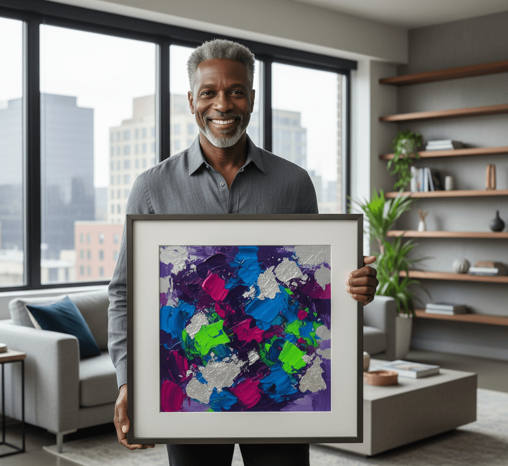Smiling senior professional man with silver hair in charcoal button-down shirt holding large Black Wood custom frame displaying vibrant abstract expressionist painting with explosive purple, magenta, cobalt blue, lime green, and silver metallic brushstrokes in modern high-rise office with floor-to-ceiling windows, city skyline views, gray sofa, and floating wood shelves with books and plants demonstrating sophisticated black framing for bold contemporary abstract art in professional executive spaces