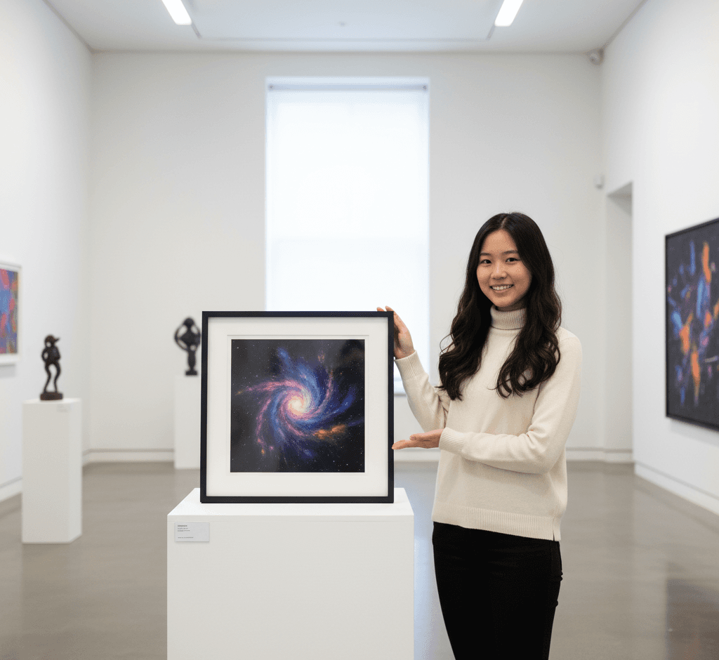 Smiling woman with long dark hair in cream turtleneck sweater presenting Black Wood custom frame with white mat displaying spectacular spiral galaxy space art photograph with swirling purple, magenta, and blue cosmic clouds and stars in modern minimalist art gallery with white walls, contemporary sculptures on pedestals, and dramatic directional lighting demonstrating sleek black framing for astronomy photography and science art in museum gallery settings