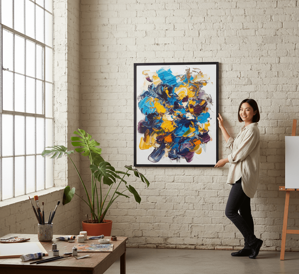 Artist presenting large Black Wood frame with vibrant abstract expressionist painting in bright studio space showcasing professional gallery-quality framing