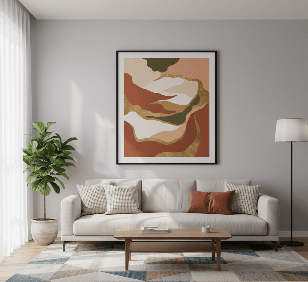 Black Wood frame with abstract geometric art in terracotta gold and green tones displayed in modern living room with neutral palette and contemporary furniture