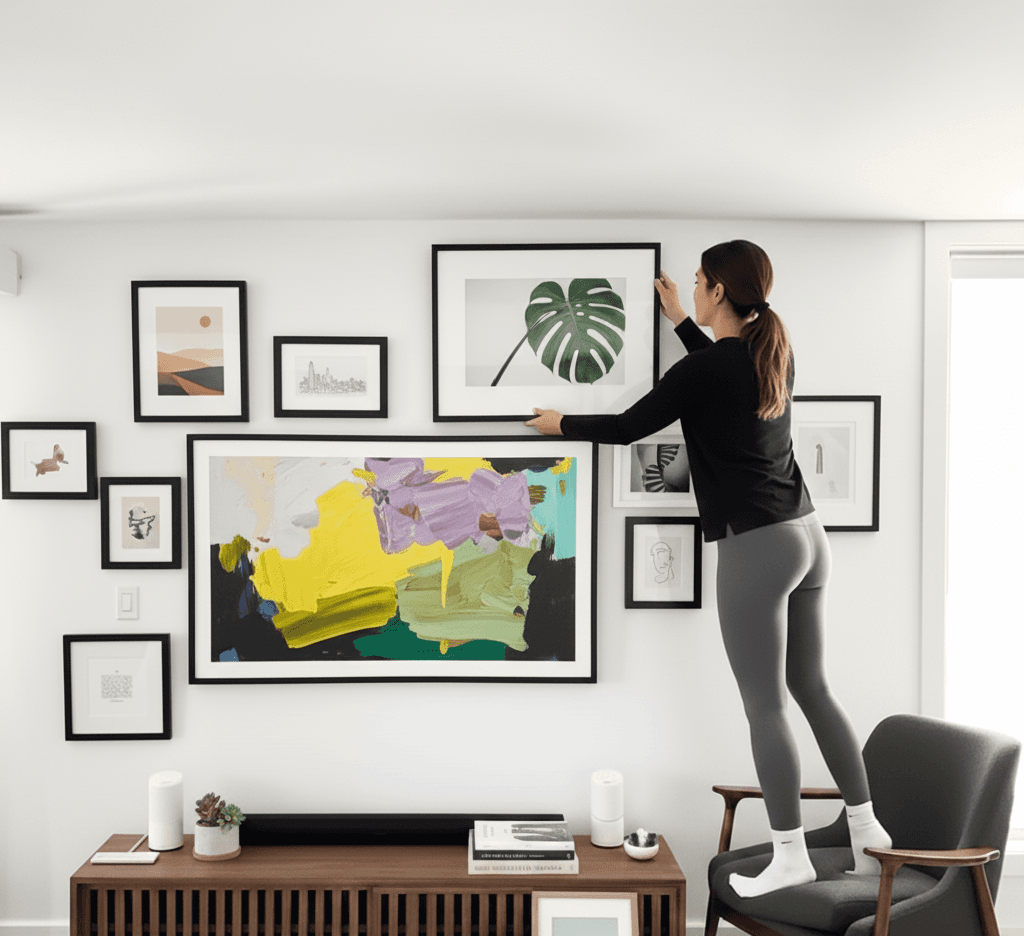 Person arranging Black Wood frames in eclectic gallery wall featuring abstract art botanical monstera leaf cityscape and line drawings on white wall