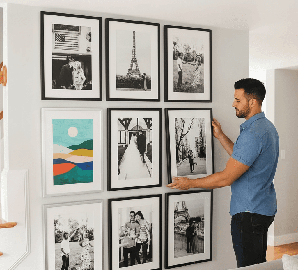 Man arranging Black Wood frames in gallery wall featuring black and white Paris photography wedding memories and colorful abstract landscape prints