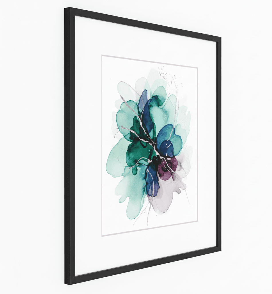 Black Wood frame angled view displaying delicate watercolor floral artwork with teal blue and purple petals showcasing elegant contemporary styling