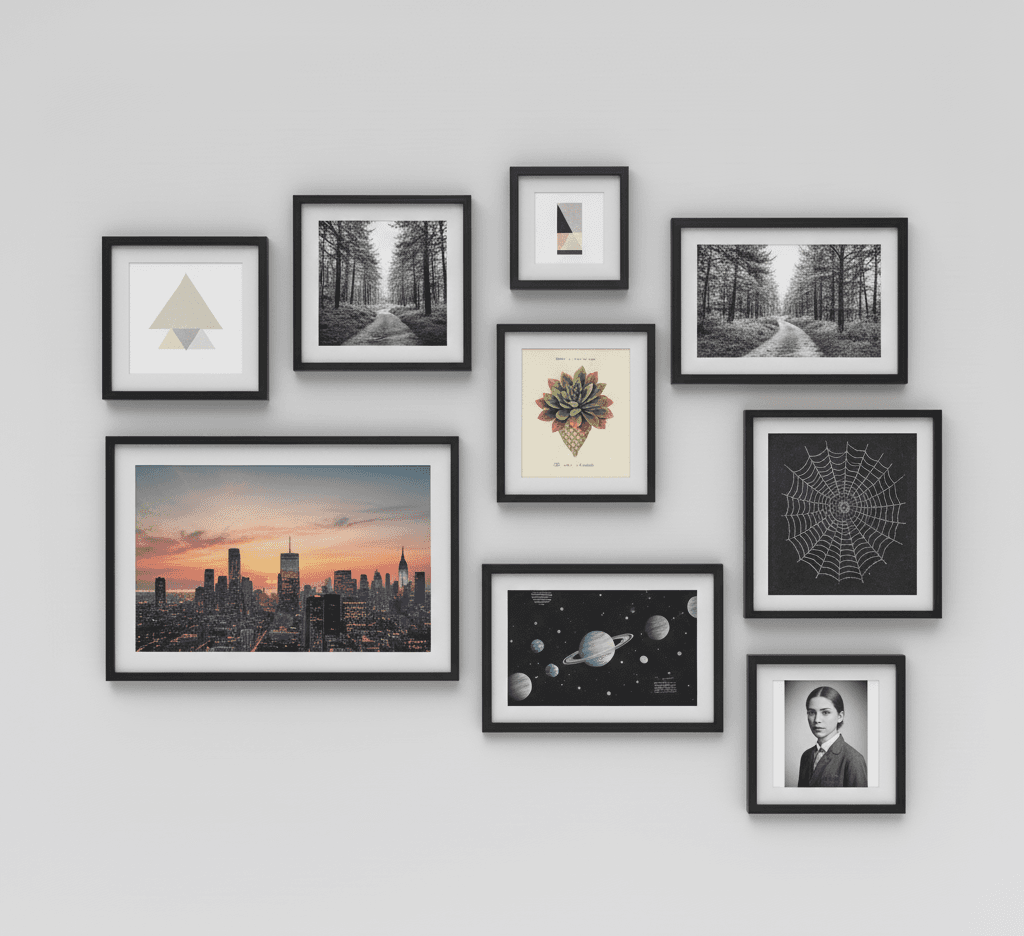 Black Wood frames in diverse gallery wall arrangement featuring cityscape photography geometric art botanical prints space illustration and vintage portrait