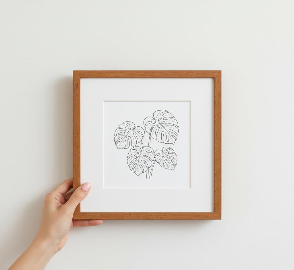 Hand holding Light Oak picture frame with generous white mat displaying minimalist single-line monstera leaf botanical illustration against soft neutral background demonstrating clean custom framing for contemporary plant art with warm honey-toned natural wood grain finish perfect for simple line drawings and modern botanical prints
