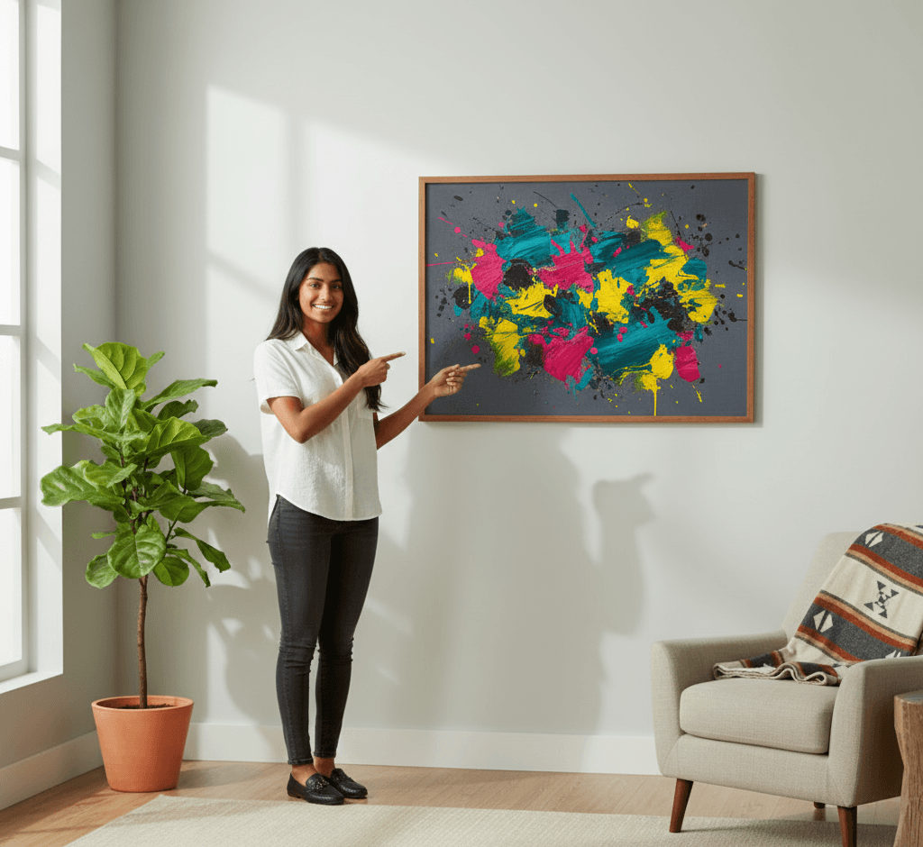 Light Oak frames in diverse gallery wall arrangement featuring misty forest landscape hummingbird illustration geometric art mushroom botanical and moon phases chart