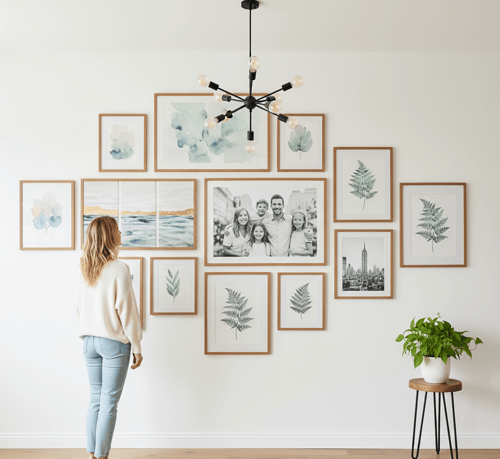Person arranging Light Oak frames in nature-themed gallery wall with black and white lion portrait tropical jungle botanical prints and landscape photography