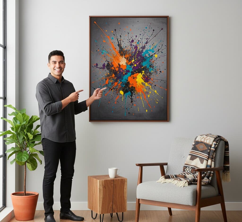 Smiling man in dark charcoal button-down shirt pointing to oversized Brown Wood picture frame displaying spectacular paint splatter abstract expressionist artwork with explosive orange, vibrant turquoise, deep purple, golden yellow, and navy blue splatters radiating across charcoal gray background above mid-century modern lounge chair with geometric southwestern blanket and natural wood side table with coffee mug beside potted fiddle leaf fig in bright minimalist living room demonstrating bold contemporary art framing with classic espresso wood finish