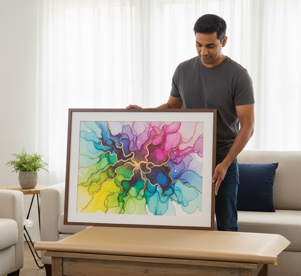 Man in charcoal gray t-shirt examining large Brown Wood picture frame with generous white mat displaying spectacular alcohol ink abstract art featuring full rainbow spectrum from sunshine yellow through lime green, emerald, turquoise, cobalt blue, violet, hot pink, and magenta with organic fluid shapes and shimmering gold metallic veining on soft white background in bright minimalist living room with beige sofa and navy pillows demonstrating professional custom framing for contemporary fluid art and vibrant abstract paintings with classic espresso wood finish